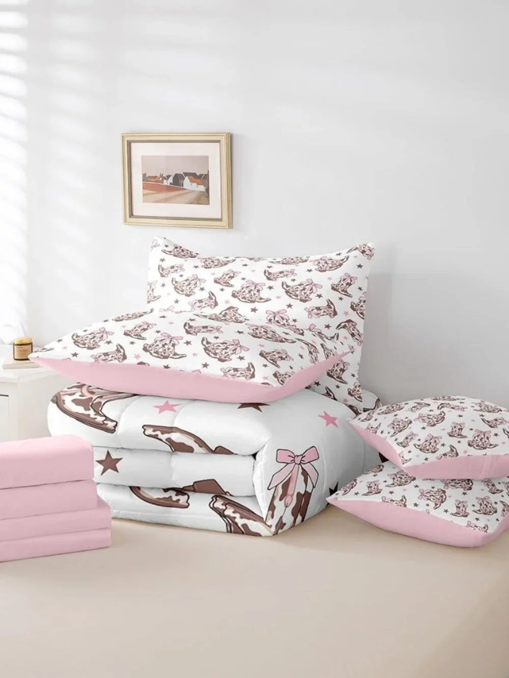 Cowgirl 7 Pieces Bedding Set Twin,Western Tribal Boots Pink Princess Bowknot Whi